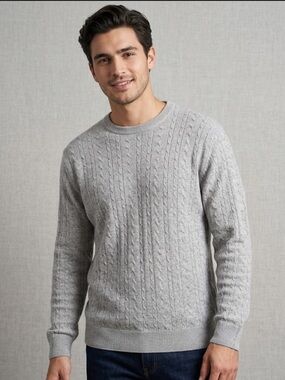 ILEVRIERI Men's Heather Gray Cable Knit Crewneck Sweater Cashmere Silk Blend XL